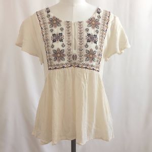 Embriodered Cream Neutrals Peasant Top XS